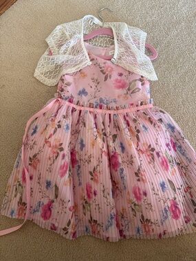 Nannette Pink Floral Pleated Dress with White Lace Bolero